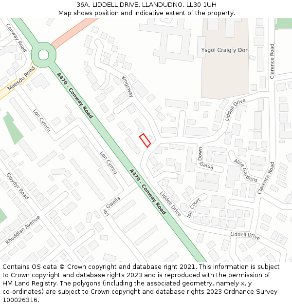 36A, LIDDELL DRIVE, LLANDUDNO, LL30 1UH: Location map and indicative extent of plot