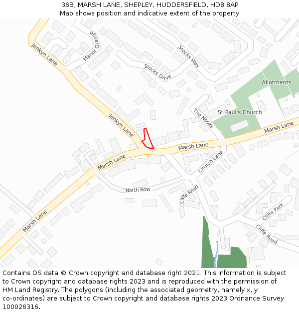 36B, MARSH LANE, SHEPLEY, HUDDERSFIELD, HD8 8AP: Location map and indicative extent of plot