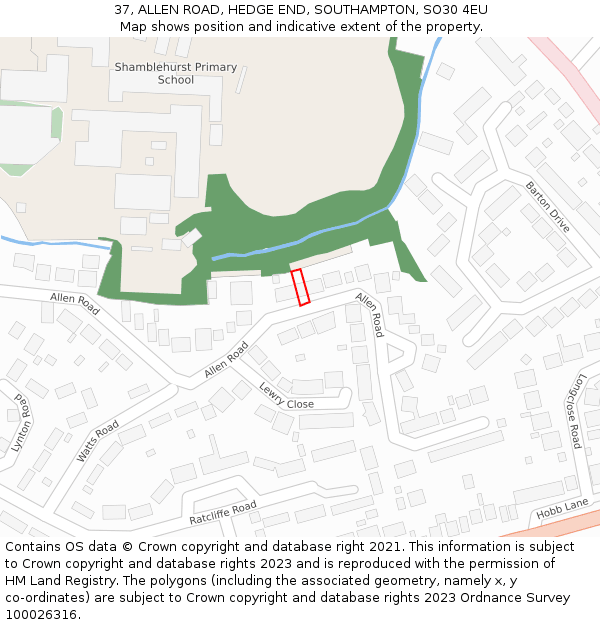 37, ALLEN ROAD, HEDGE END, SOUTHAMPTON, SO30 4EU: Location map and indicative extent of plot