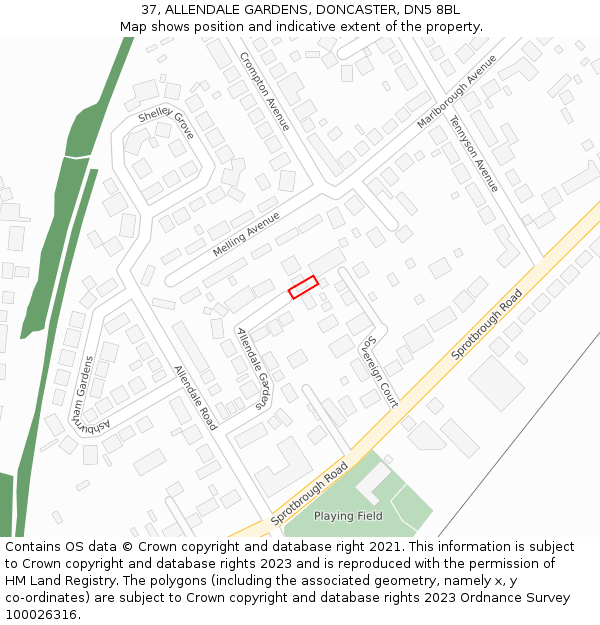 37, ALLENDALE GARDENS, DONCASTER, DN5 8BL: Location map and indicative extent of plot