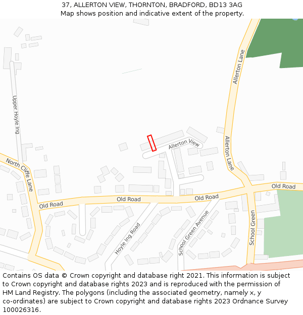 37, ALLERTON VIEW, THORNTON, BRADFORD, BD13 3AG: Location map and indicative extent of plot