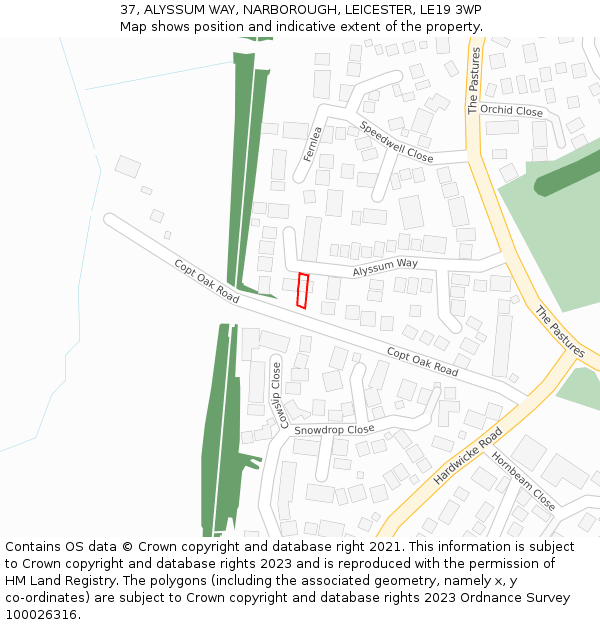 37, ALYSSUM WAY, NARBOROUGH, LEICESTER, LE19 3WP: Location map and indicative extent of plot