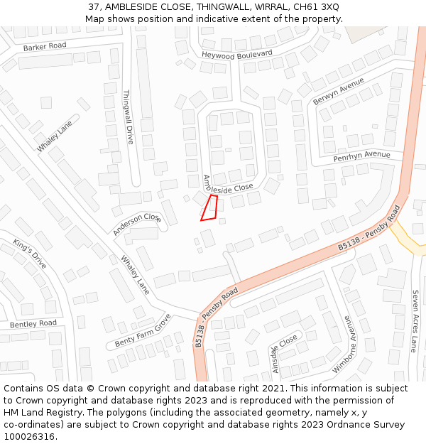 37, AMBLESIDE CLOSE, THINGWALL, WIRRAL, CH61 3XQ: Location map and indicative extent of plot