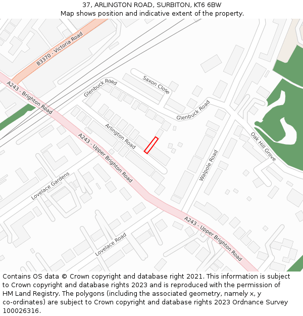 37, ARLINGTON ROAD, SURBITON, KT6 6BW: Location map and indicative extent of plot