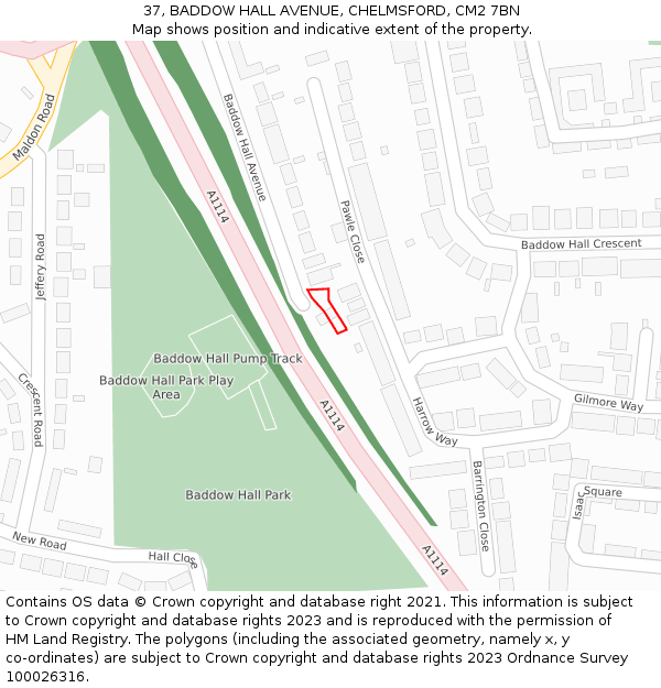 37, BADDOW HALL AVENUE, CHELMSFORD, CM2 7BN: Location map and indicative extent of plot