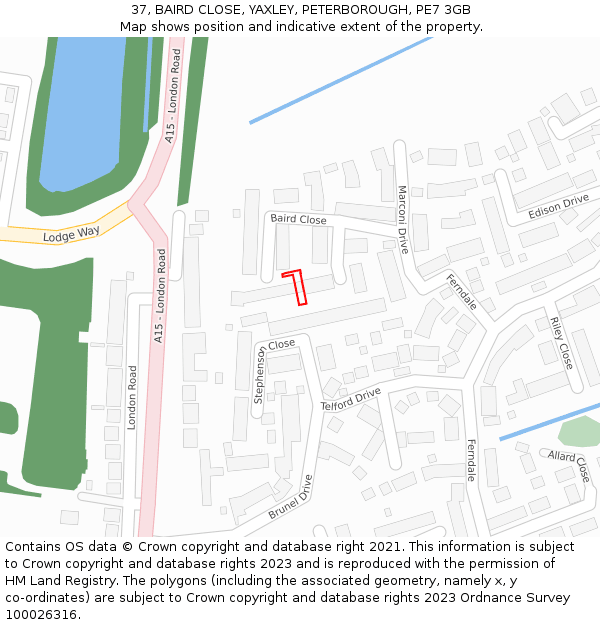 37, BAIRD CLOSE, YAXLEY, PETERBOROUGH, PE7 3GB: Location map and indicative extent of plot