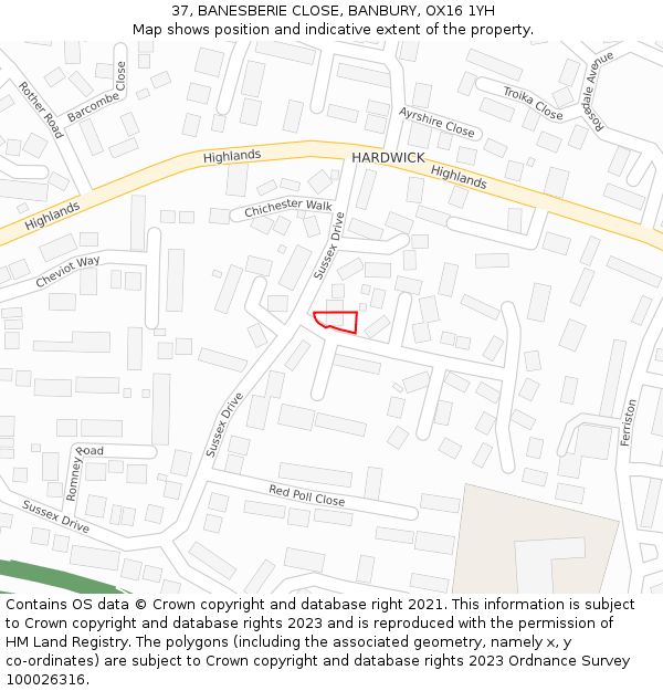 37, BANESBERIE CLOSE, BANBURY, OX16 1YH: Location map and indicative extent of plot