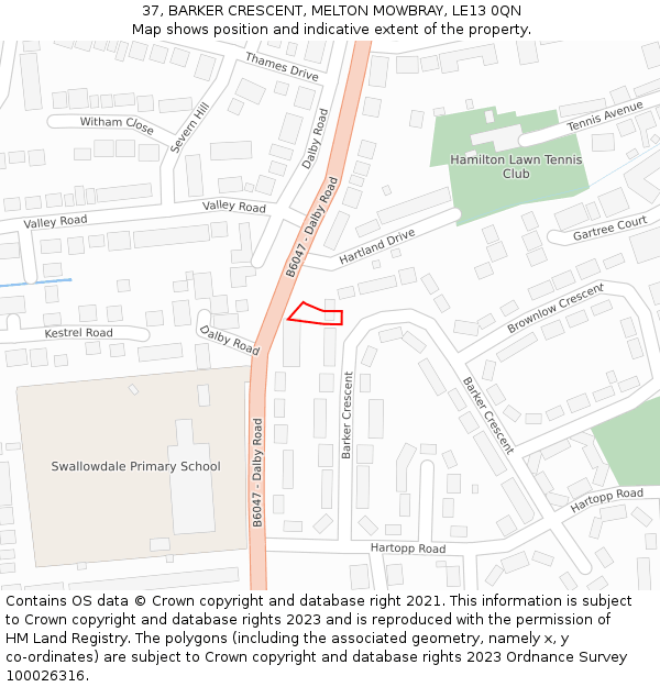 37, BARKER CRESCENT, MELTON MOWBRAY, LE13 0QN: Location map and indicative extent of plot