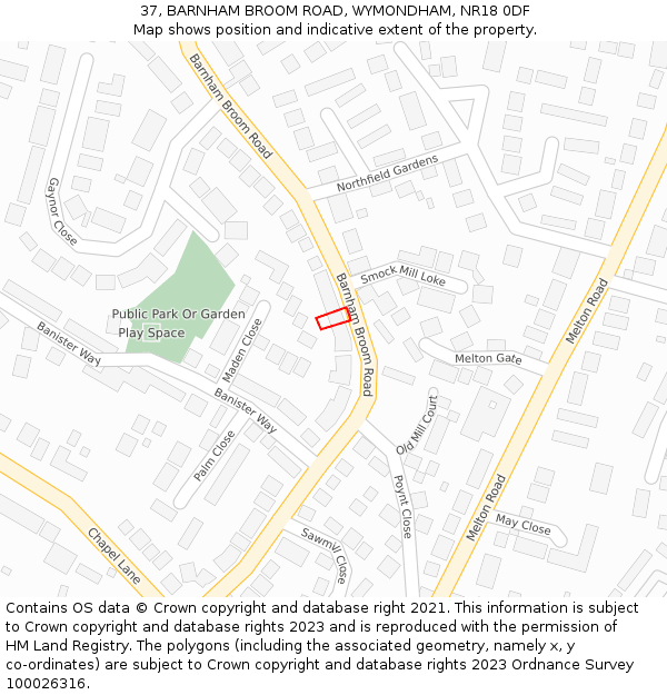 37, BARNHAM BROOM ROAD, WYMONDHAM, NR18 0DF: Location map and indicative extent of plot