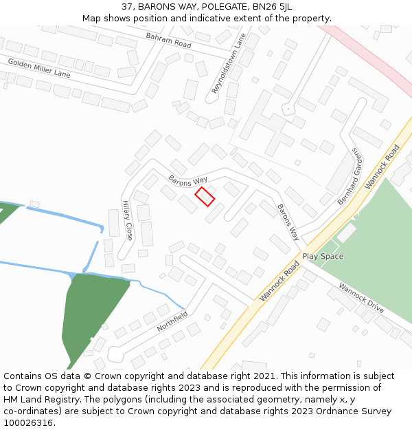 37, BARONS WAY, POLEGATE, BN26 5JL: Location map and indicative extent of plot