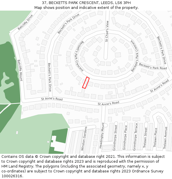 37, BECKETTS PARK CRESCENT, LEEDS, LS6 3PH: Location map and indicative extent of plot