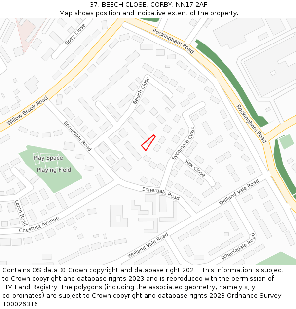 37, BEECH CLOSE, CORBY, NN17 2AF: Location map and indicative extent of plot