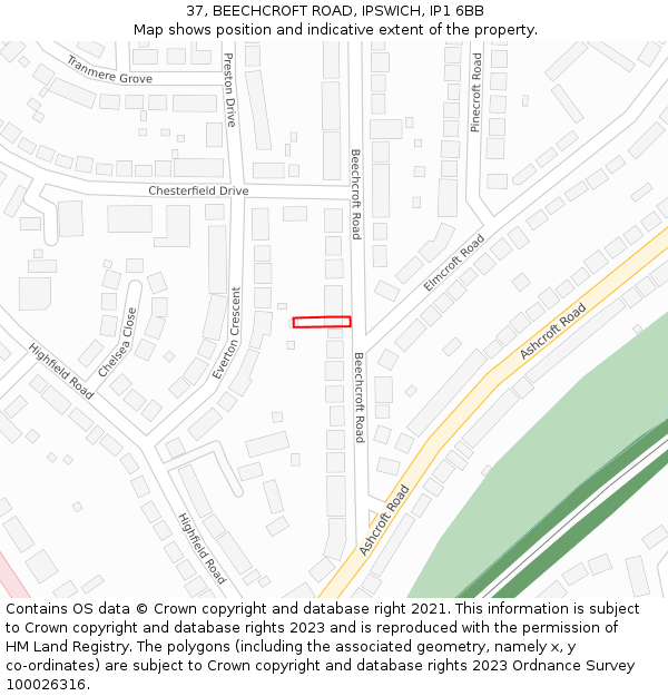 37, BEECHCROFT ROAD, IPSWICH, IP1 6BB: Location map and indicative extent of plot