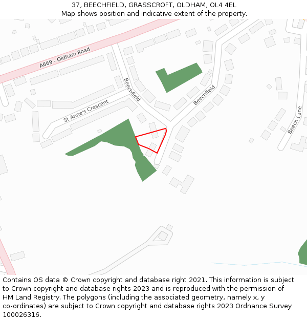 37, BEECHFIELD, GRASSCROFT, OLDHAM, OL4 4EL: Location map and indicative extent of plot