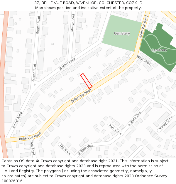 37, BELLE VUE ROAD, WIVENHOE, COLCHESTER, CO7 9LD: Location map and indicative extent of plot