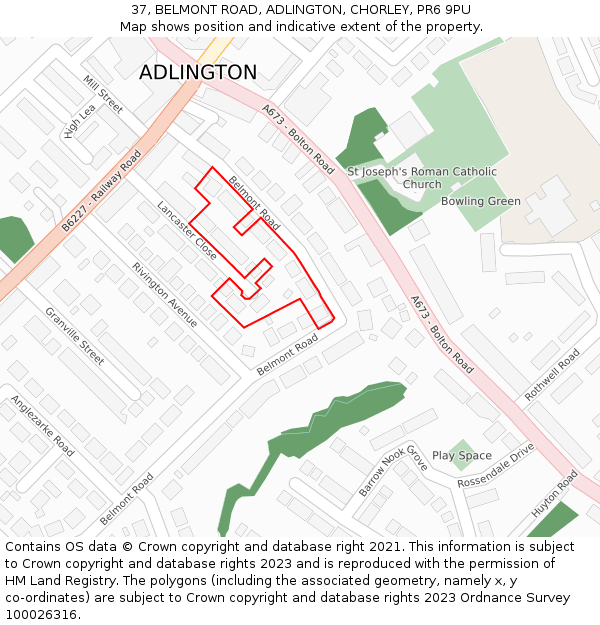 37, BELMONT ROAD, ADLINGTON, CHORLEY, PR6 9PU: Location map and indicative extent of plot