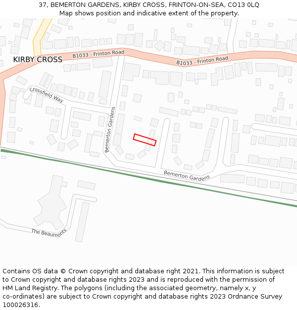 37, BEMERTON GARDENS, KIRBY CROSS, FRINTON-ON-SEA, CO13 0LQ: Location map and indicative extent of plot