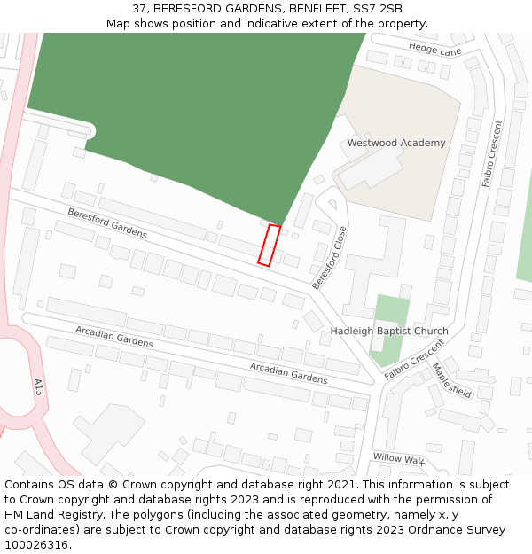 37, BERESFORD GARDENS, BENFLEET, SS7 2SB: Location map and indicative extent of plot