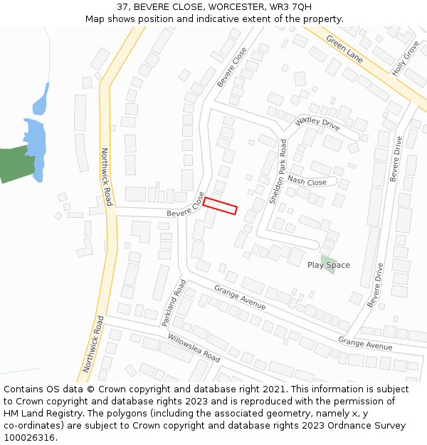 37, BEVERE CLOSE, WORCESTER, WR3 7QH: Location map and indicative extent of plot