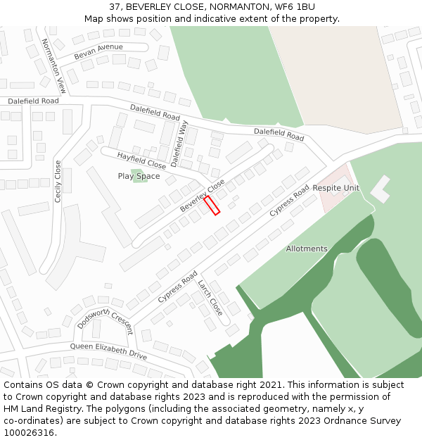 37, BEVERLEY CLOSE, NORMANTON, WF6 1BU: Location map and indicative extent of plot