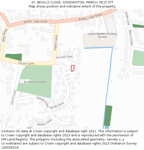 37, BEVILLS CLOSE, DODDINGTON, MARCH, PE15 0TT: Location map and indicative extent of plot