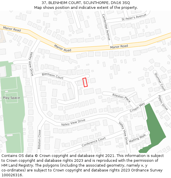 37, BLENHEIM COURT, SCUNTHORPE, DN16 3SQ: Location map and indicative extent of plot