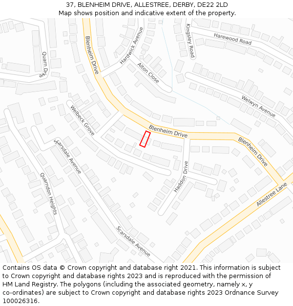37, BLENHEIM DRIVE, ALLESTREE, DERBY, DE22 2LD: Location map and indicative extent of plot