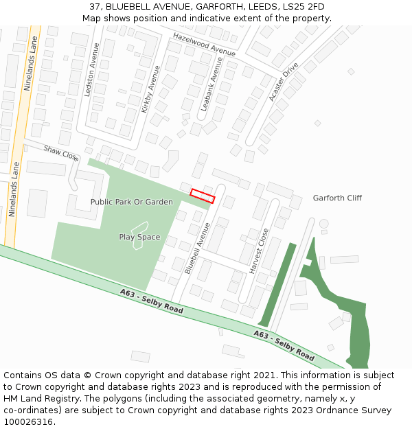 37, BLUEBELL AVENUE, GARFORTH, LEEDS, LS25 2FD: Location map and indicative extent of plot