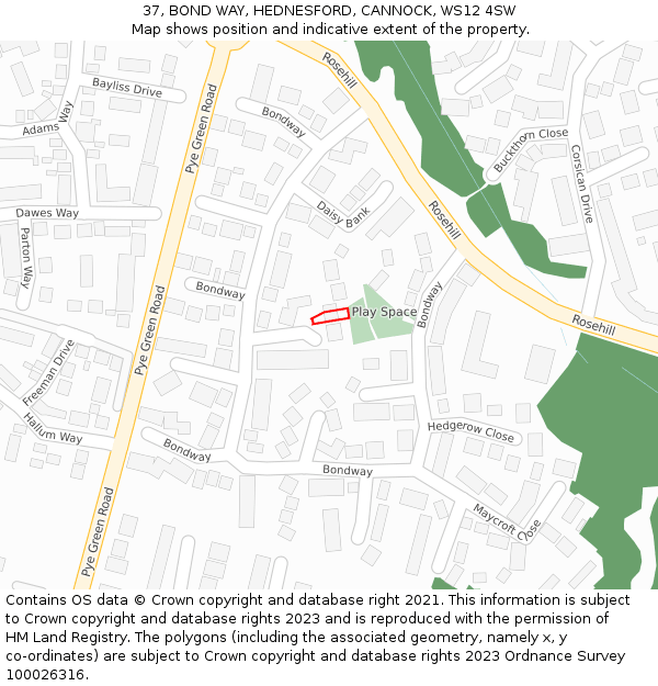 37, BOND WAY, HEDNESFORD, CANNOCK, WS12 4SW: Location map and indicative extent of plot