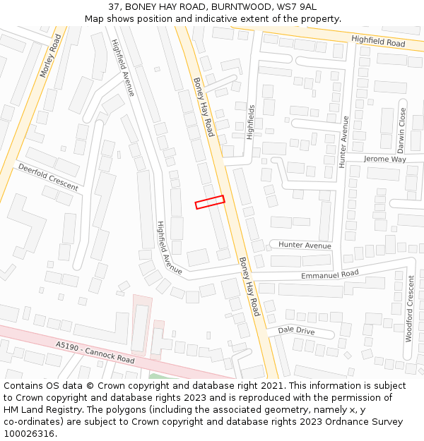 37, BONEY HAY ROAD, BURNTWOOD, WS7 9AL: Location map and indicative extent of plot