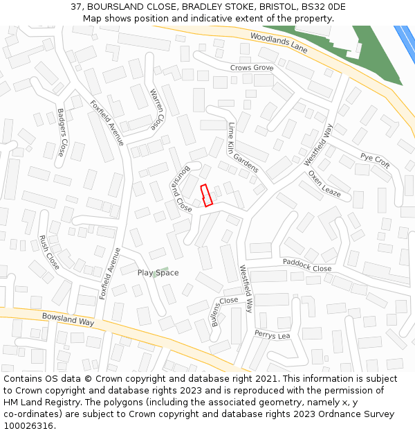 37, BOURSLAND CLOSE, BRADLEY STOKE, BRISTOL, BS32 0DE: Location map and indicative extent of plot