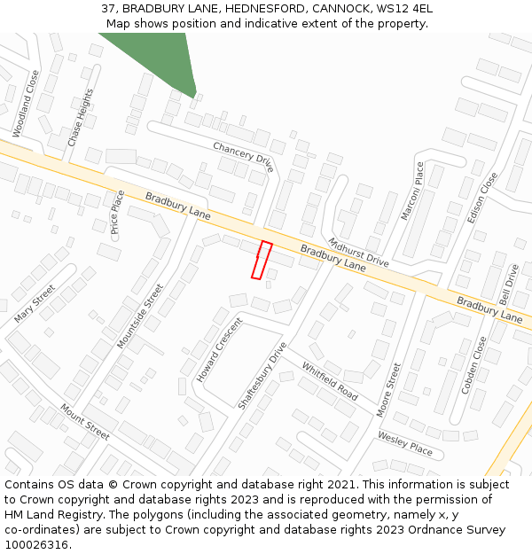 37, BRADBURY LANE, HEDNESFORD, CANNOCK, WS12 4EL: Location map and indicative extent of plot