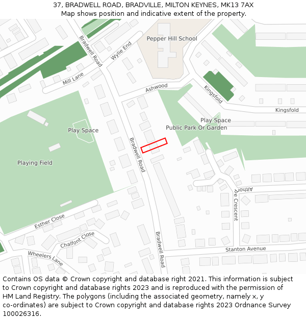 37, BRADWELL ROAD, BRADVILLE, MILTON KEYNES, MK13 7AX: Location map and indicative extent of plot