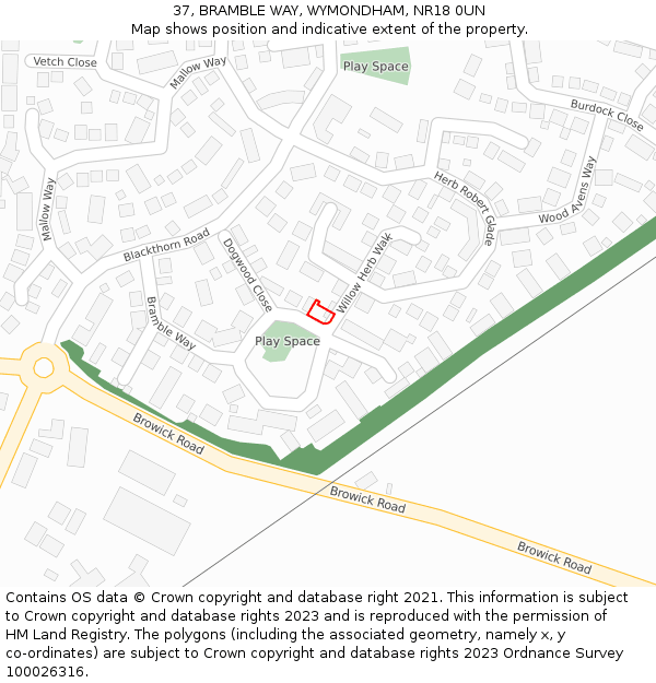 37, BRAMBLE WAY, WYMONDHAM, NR18 0UN: Location map and indicative extent of plot