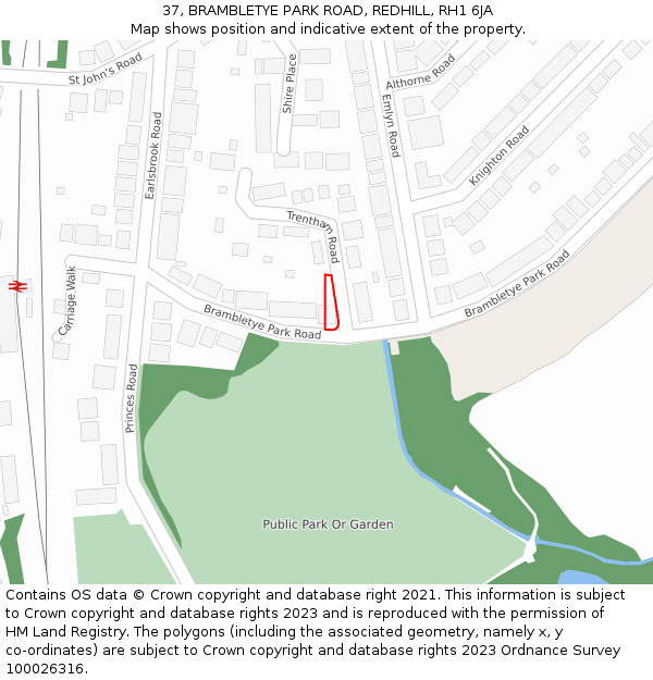 37, BRAMBLETYE PARK ROAD, REDHILL, RH1 6JA: Location map and indicative extent of plot