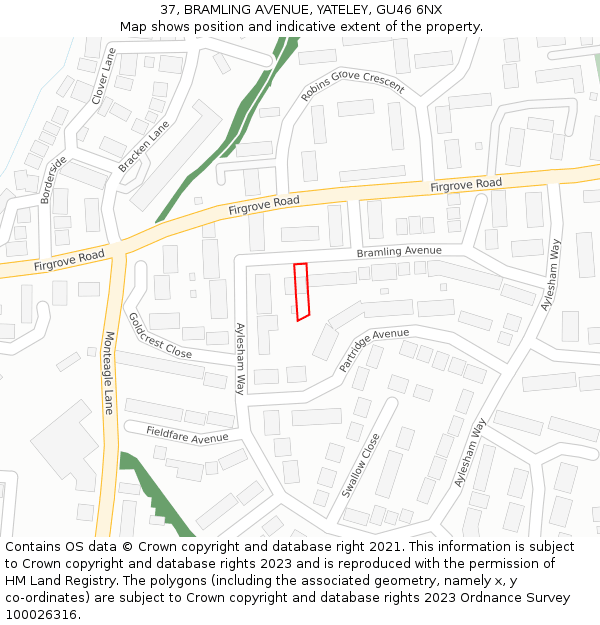 37, BRAMLING AVENUE, YATELEY, GU46 6NX: Location map and indicative extent of plot