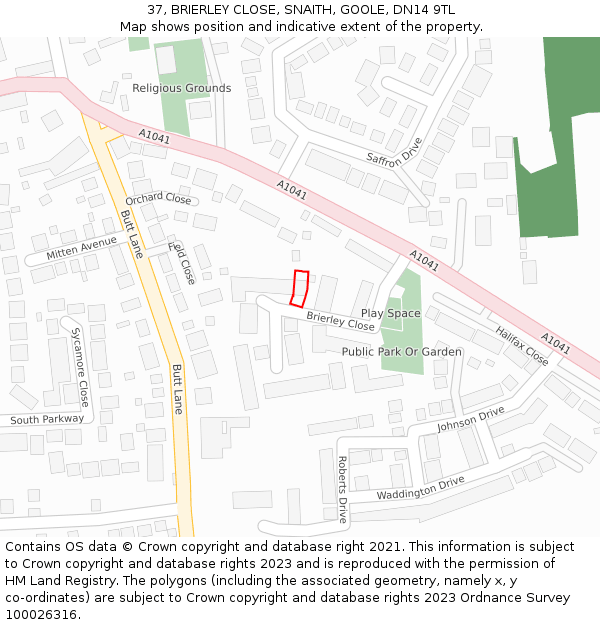 37, BRIERLEY CLOSE, SNAITH, GOOLE, DN14 9TL: Location map and indicative extent of plot