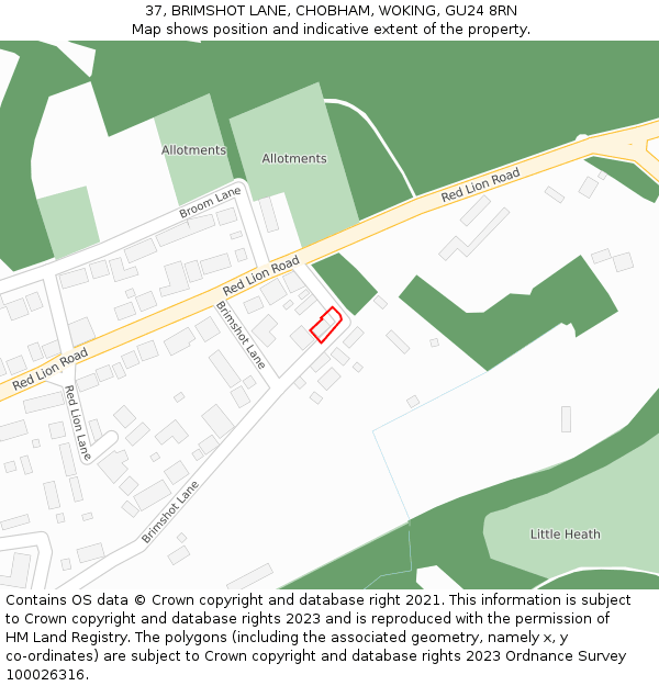 37, BRIMSHOT LANE, CHOBHAM, WOKING, GU24 8RN: Location map and indicative extent of plot