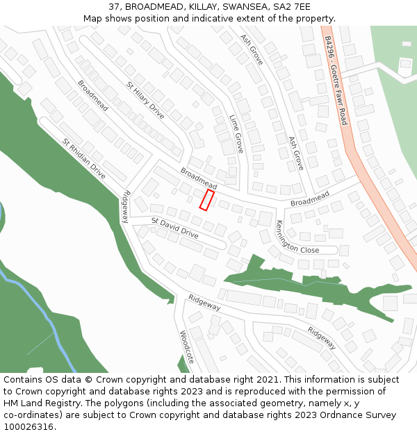 37, BROADMEAD, KILLAY, SWANSEA, SA2 7EE: Location map and indicative extent of plot
