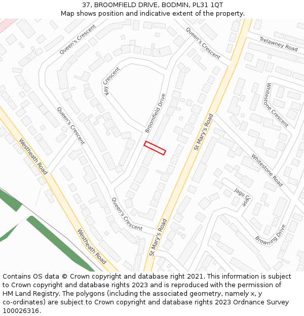 37, BROOMFIELD DRIVE, BODMIN, PL31 1QT: Location map and indicative extent of plot