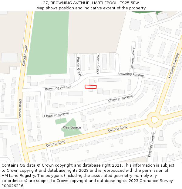 37, BROWNING AVENUE, HARTLEPOOL, TS25 5PW: Location map and indicative extent of plot