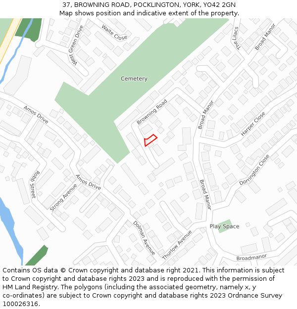 37, BROWNING ROAD, POCKLINGTON, YORK, YO42 2GN: Location map and indicative extent of plot