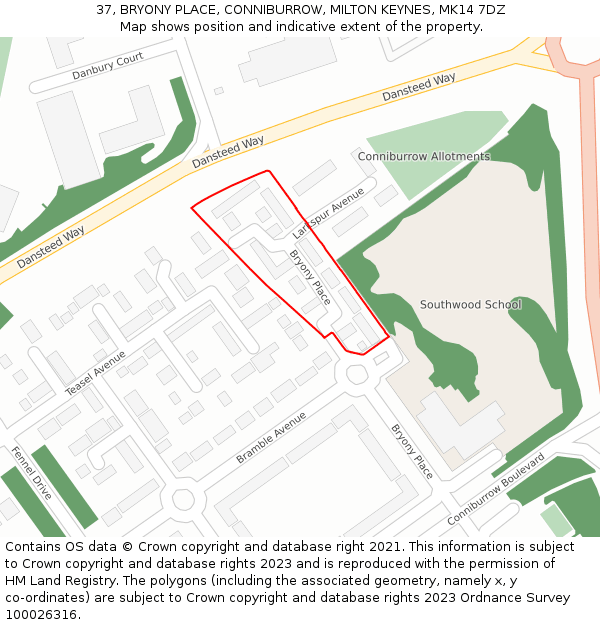 37, BRYONY PLACE, CONNIBURROW, MILTON KEYNES, MK14 7DZ: Location map and indicative extent of plot