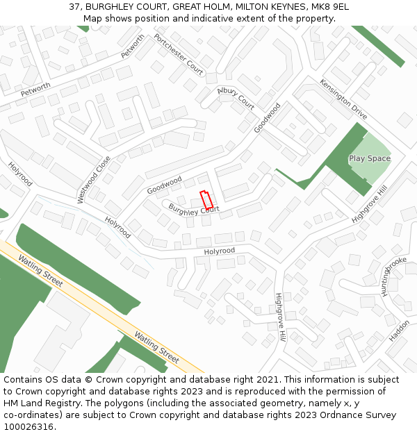 37, BURGHLEY COURT, GREAT HOLM, MILTON KEYNES, MK8 9EL: Location map and indicative extent of plot