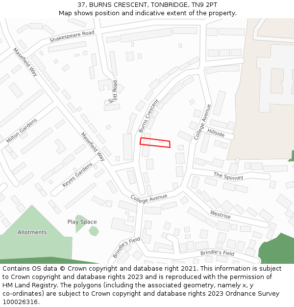 37, BURNS CRESCENT, TONBRIDGE, TN9 2PT: Location map and indicative extent of plot