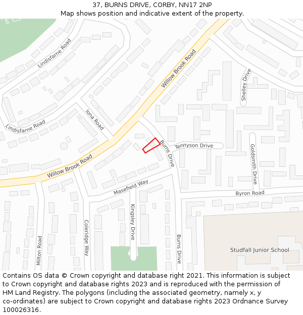 37, BURNS DRIVE, CORBY, NN17 2NP: Location map and indicative extent of plot
