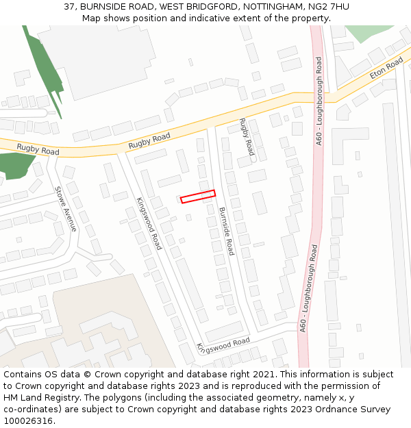 37, BURNSIDE ROAD, WEST BRIDGFORD, NOTTINGHAM, NG2 7HU: Location map and indicative extent of plot