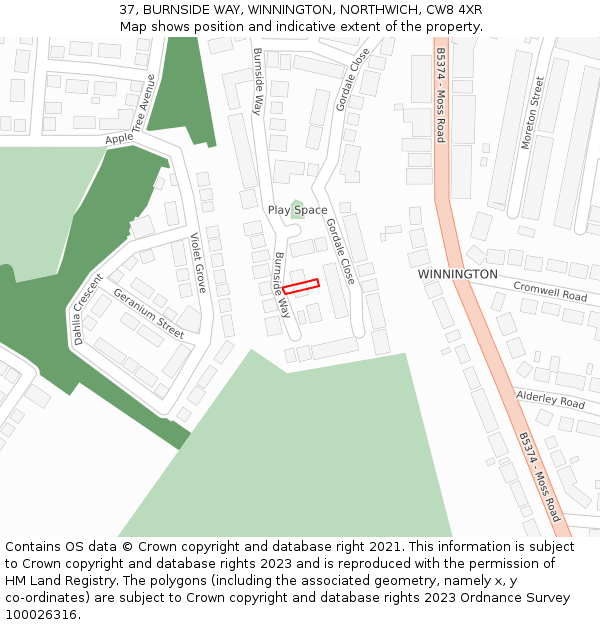 37, BURNSIDE WAY, WINNINGTON, NORTHWICH, CW8 4XR: Location map and indicative extent of plot