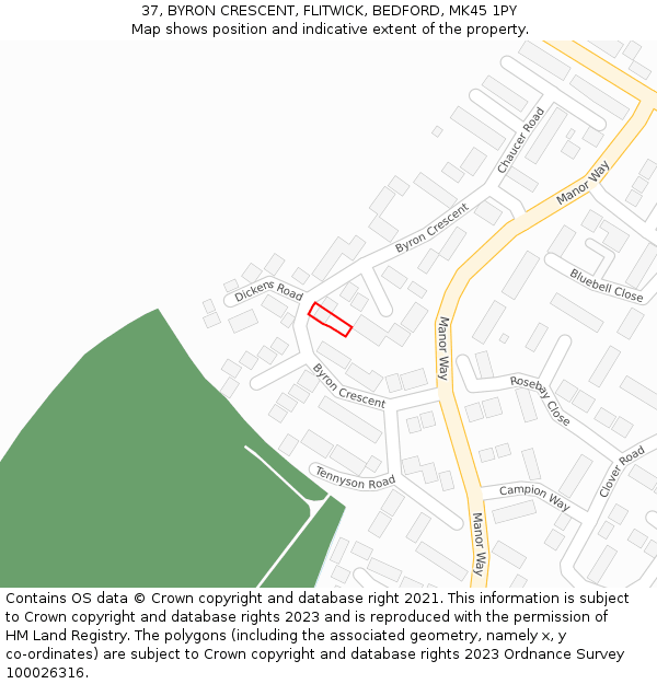 37, BYRON CRESCENT, FLITWICK, BEDFORD, MK45 1PY: Location map and indicative extent of plot