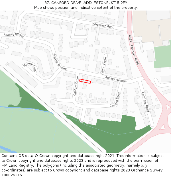 37, CANFORD DRIVE, ADDLESTONE, KT15 2EY: Location map and indicative extent of plot